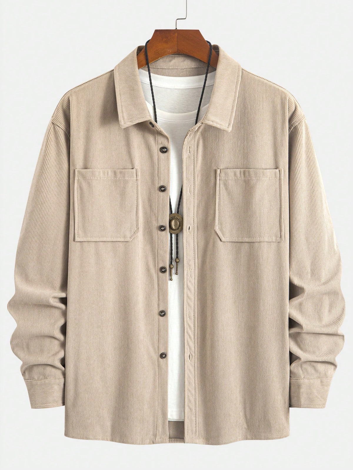 Thin Corduroy Men's Casual Shacket With Dual Patch Pockets, Daily Casual Fashion Minimalist Long Sleeve Shirt For Outings, Commuting And Streetwear