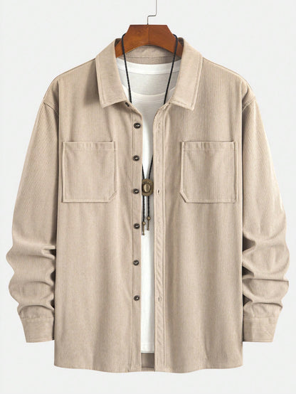 Thin Corduroy Men's Casual Shacket With Dual Patch Pockets, Daily Casual Fashion Minimalist Long Sleeve Shirt For Outings, Commuting And Streetwear