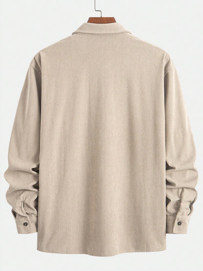 Thin Corduroy Men's Casual Shacket With Dual Patch Pockets, Daily Casual Fashion Minimalist Long Sleeve Shirt For Outings, Commuting And Streetwear