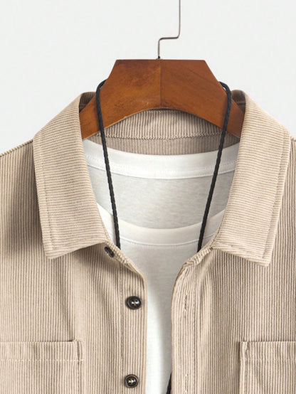 Thin Corduroy Men's Casual Shacket With Dual Patch Pockets, Daily Casual Fashion Minimalist Long Sleeve Shirt For Outings, Commuting And Streetwear