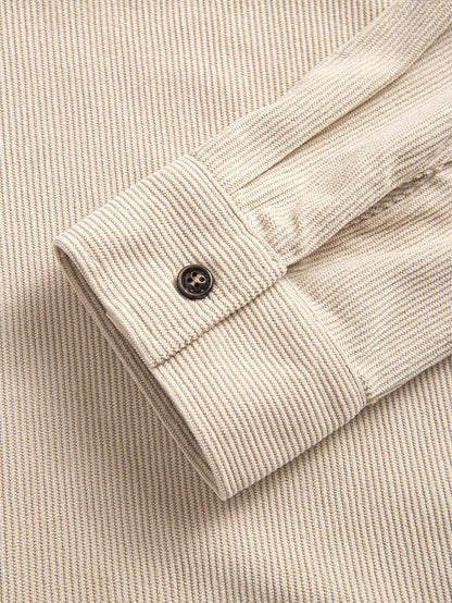 Thin Corduroy Men's Casual Shacket With Dual Patch Pockets, Daily Casual Fashion Minimalist Long Sleeve Shirt For Outings, Commuting And Streetwear