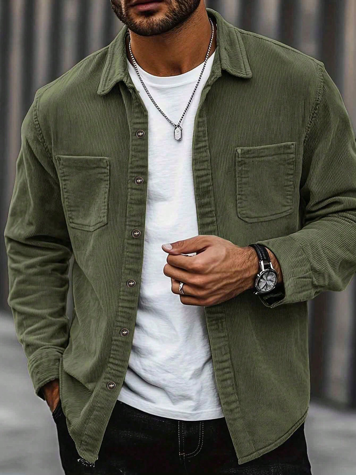 Thin Corduroy Men's Casual Shacket With Dual Patch Pockets, Daily Casual Fashion Minimalist Long Sleeve Shirt For Outings, Commuting And Streetwear
