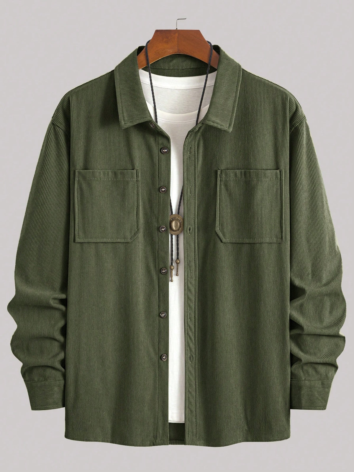 Thin Corduroy Men's Casual Shacket With Dual Patch Pockets, Daily Casual Fashion Minimalist Long Sleeve Shirt For Outings, Commuting And Streetwear