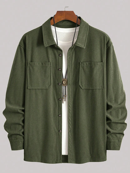 Thin Corduroy Men's Casual Shacket With Dual Patch Pockets, Daily Casual Fashion Minimalist Long Sleeve Shirt For Outings, Commuting And Streetwear