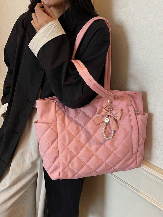 This Brand New Classic Fashionable Large Capacity Solid Color Shoulder Bag Features A Dual-Handle Design, Quilted Craftsmanship, And A Butterfly Faux Pearl Pendant, Making It Lightweight And Easy To C