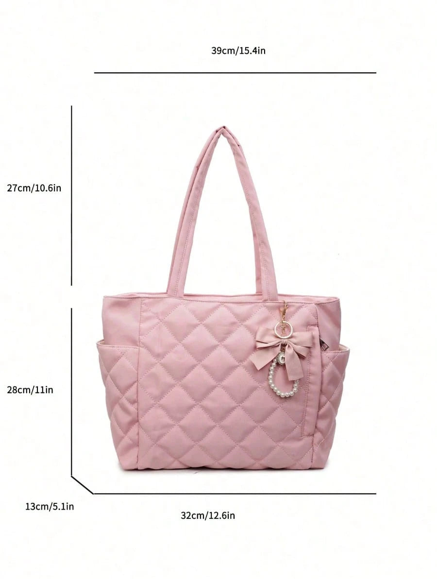 This Brand New Classic Fashionable Large Capacity Solid Color Shoulder Bag Features A Dual-Handle Design, Quilted Craftsmanship, And A Butterfly Faux Pearl Pendant, Making It Lightweight And Easy To C