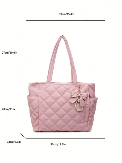 This Brand New Classic Fashionable Large Capacity Solid Color Shoulder Bag Features A Dual-Handle Design, Quilted Craftsmanship, And A Butterfly Faux Pearl Pendant, Making It Lightweight And Easy To C