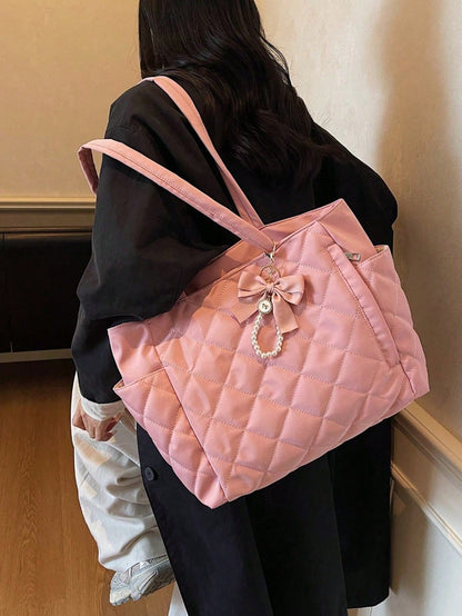 This Brand New Classic Fashionable Large Capacity Solid Color Shoulder Bag Features A Dual-Handle Design, Quilted Craftsmanship, And A Butterfly Faux Pearl Pendant, Making It Lightweight And Easy To C