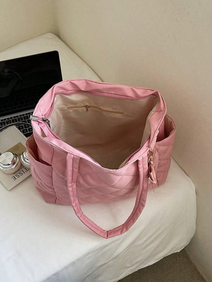 This Brand New Classic Fashionable Large Capacity Solid Color Shoulder Bag Features A Dual-Handle Design, Quilted Craftsmanship, And A Butterfly Faux Pearl Pendant, Making It Lightweight And Easy To C
