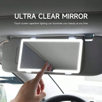 This Car Vanity Mirror Features 3 Lighting Modes, A Portable LED Design, A White Exterior With A High-Definition Protective Film, A Dimmable Touchscreen, And USB Charging.