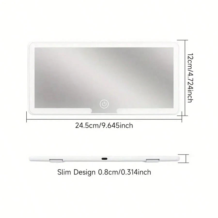 This Car Vanity Mirror Features 3 Lighting Modes, A Portable LED Design, A White Exterior With A High-Definition Protective Film, A Dimmable Touchscreen, And USB Charging.