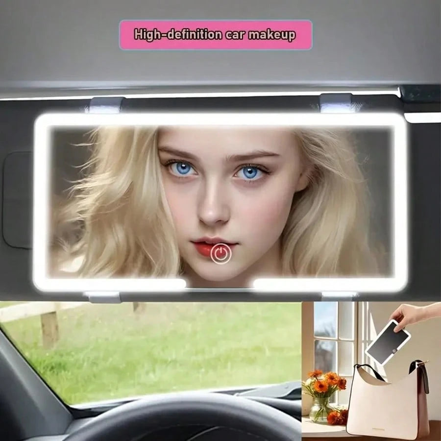 This Car Vanity Mirror Features 3 Lighting Modes, A Portable LED Design, A White Exterior With A High-Definition Protective Film, A Dimmable Touchscreen, And USB Charging.