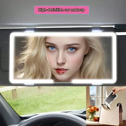 This Car Vanity Mirror Features 3 Lighting Modes, A Portable LED Design, A White Exterior With A High-Definition Protective Film, A Dimmable Touchscreen, And USB Charging.