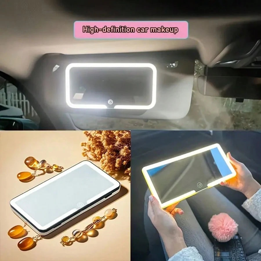 This Car Vanity Mirror Features 3 Lighting Modes, A Portable LED Design, A White Exterior With A High-Definition Protective Film, A Dimmable Touchscreen, And USB Charging.