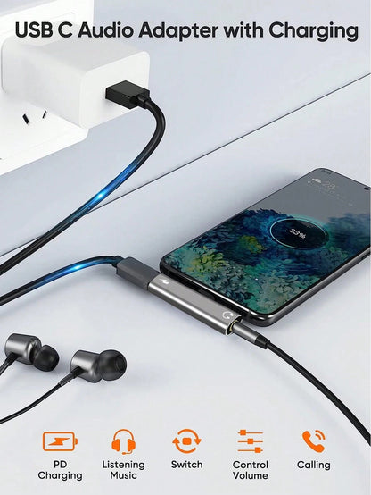 This USB-C To 3.5mm Audio Headphone Adapter Combines A USB-C Interface And Charging Adapter In One, With A 2-In-1 Design Featuring A USB-C Charging Port, AUX Audio Interface, And Fast Charging Functio
