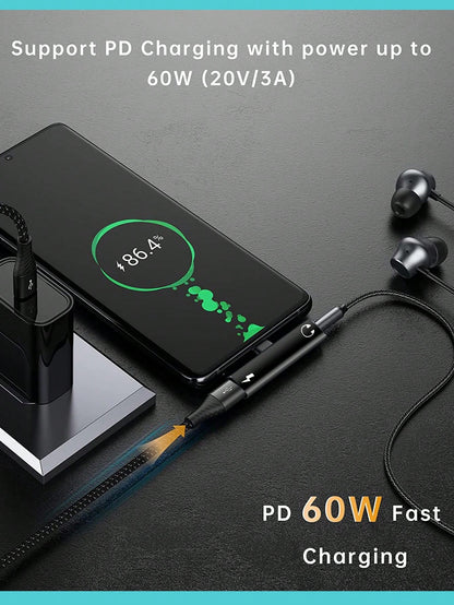 This USB-C To 3.5mm Audio Headphone Adapter Combines A USB-C Interface And Charging Adapter In One, With A 2-In-1 Design Featuring A USB-C Charging Port, AUX Audio Interface, And Fast Charging Functio