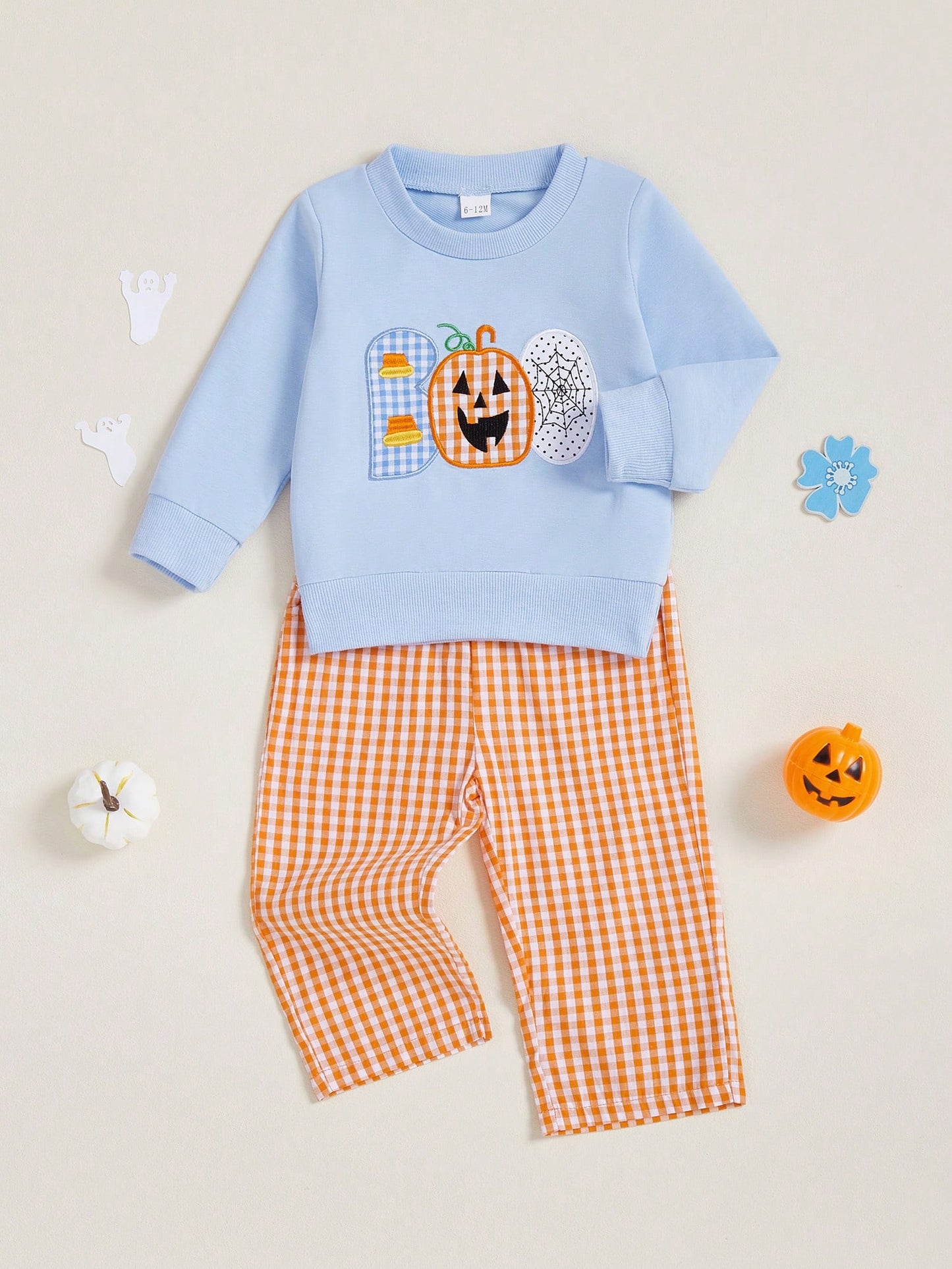 Toddler Baby Boy Halloween Outfit Pumpkin Spider Web Embroidery Long Sleeve Sweatshirt Plaid Sweatpants Set Infant Fall Clothes