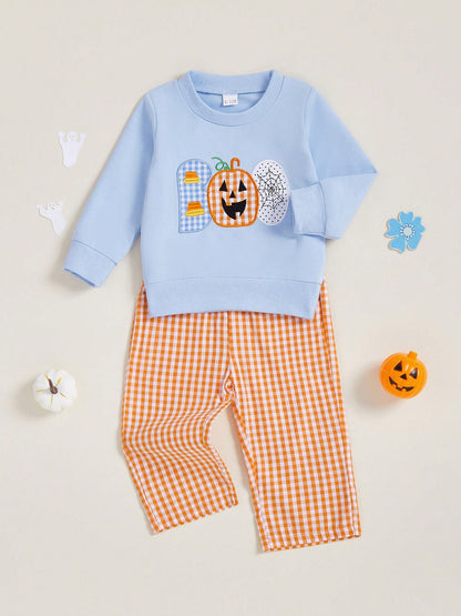 Toddler Baby Boy Halloween Outfit Pumpkin Spider Web Embroidery Long Sleeve Sweatshirt Plaid Sweatpants Set Infant Fall Clothes