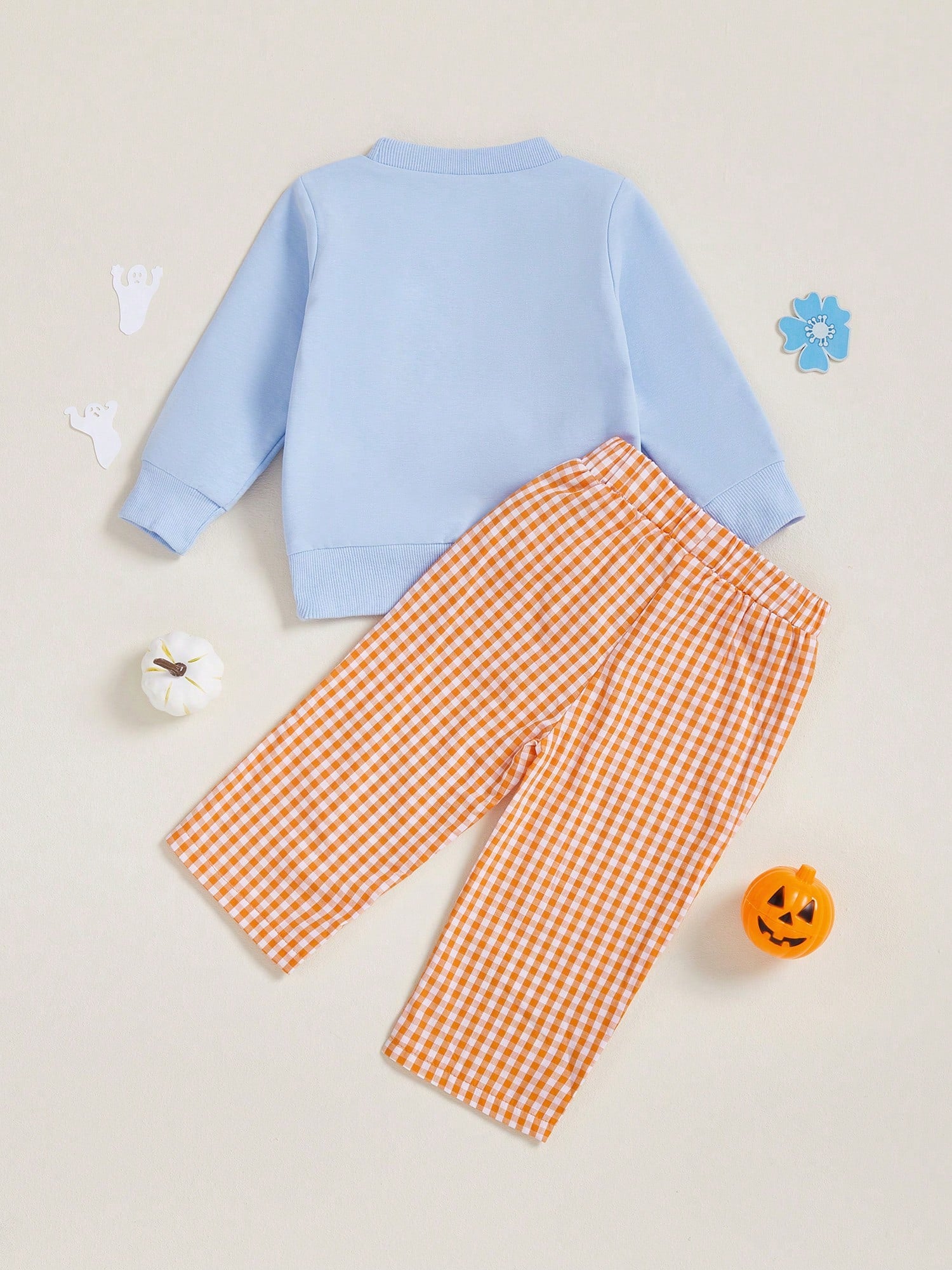 Toddler Baby Boy Halloween Outfit Pumpkin Spider Web Embroidery Long Sleeve Sweatshirt Plaid Sweatpants Set Infant Fall Clothes
