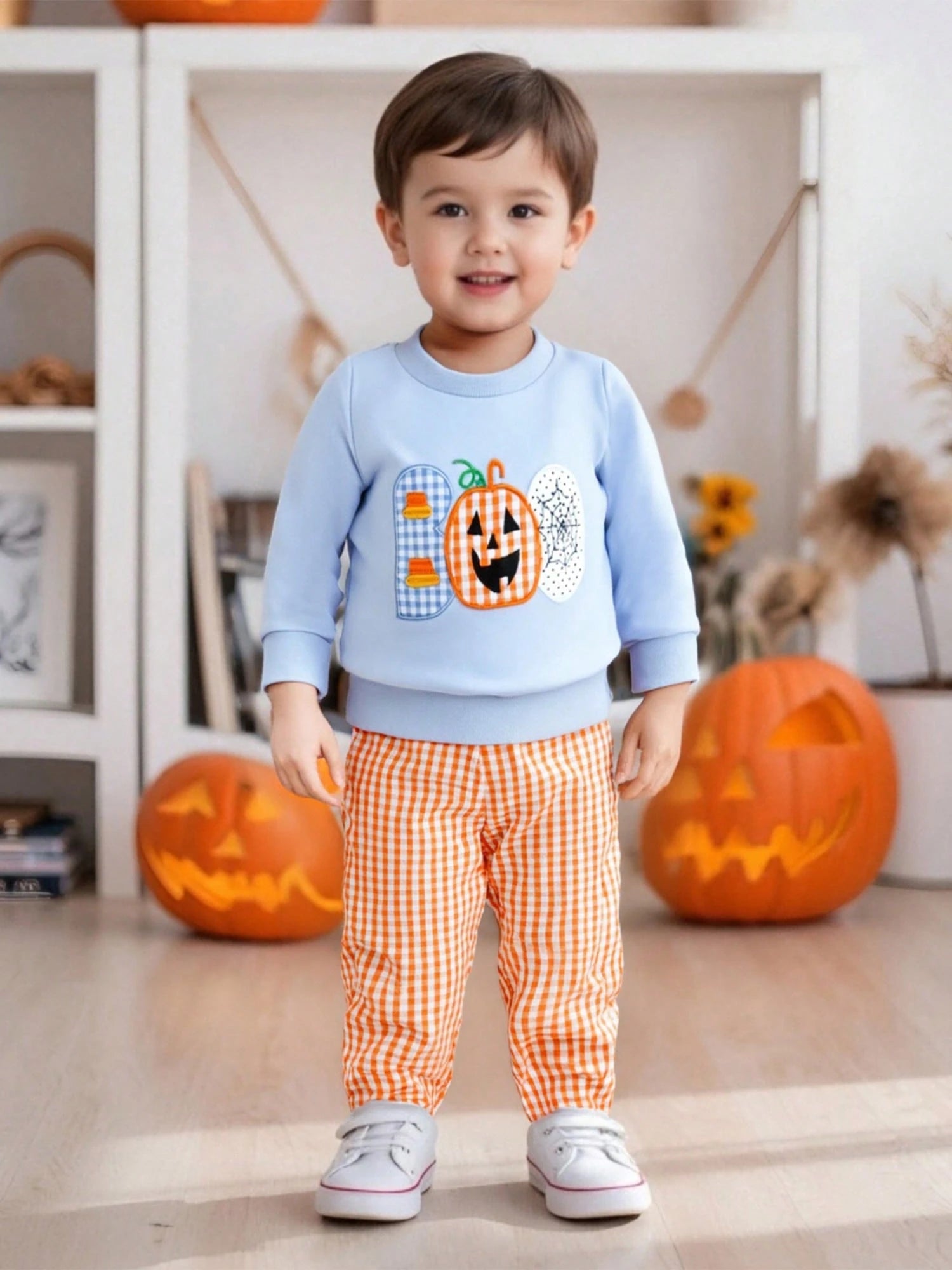 Toddler Baby Boy Halloween Outfit Pumpkin Spider Web Embroidery Long Sleeve Sweatshirt Plaid Sweatpants Set Infant Fall Clothes