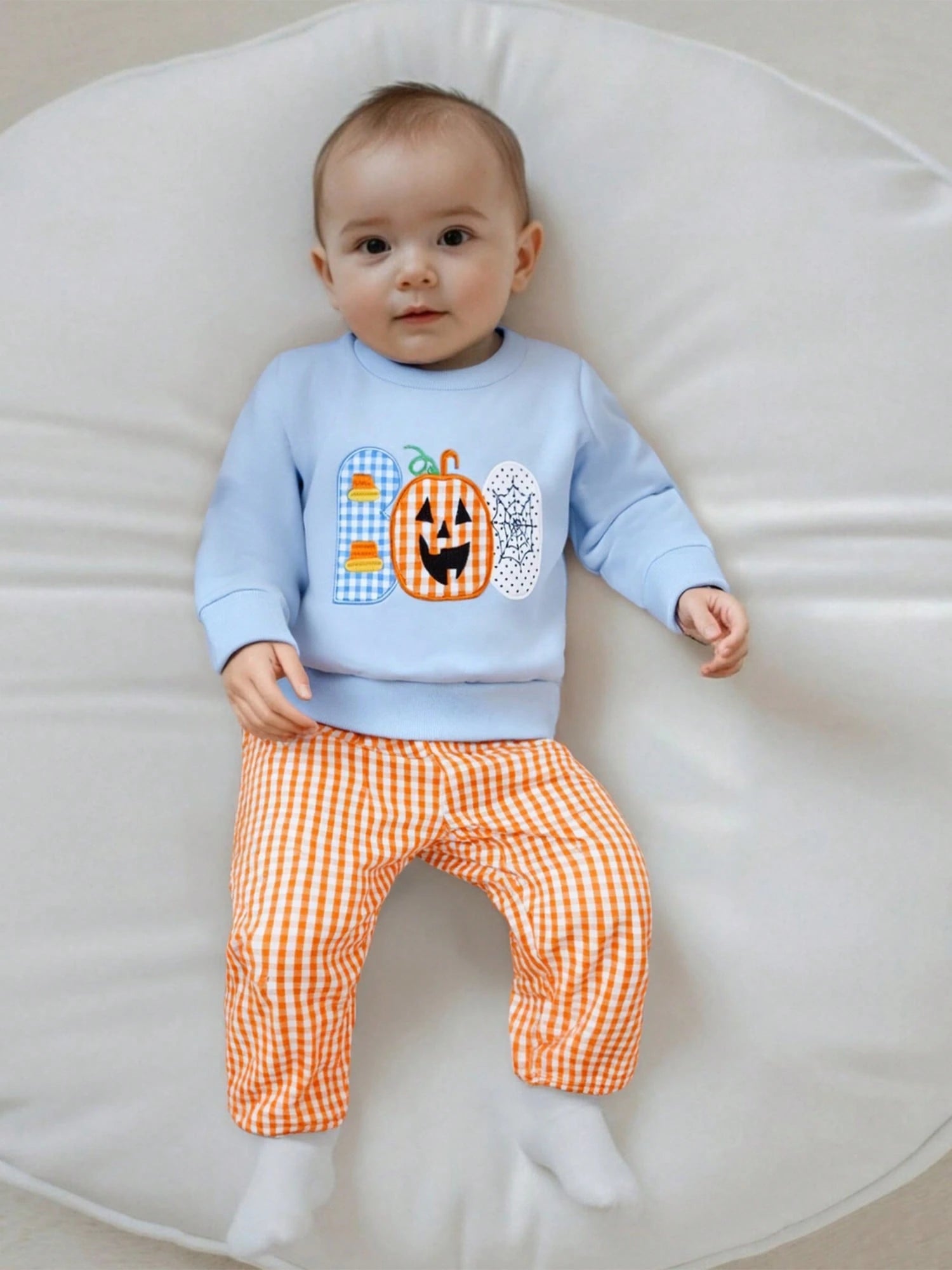 Toddler Baby Boy Halloween Outfit Pumpkin Spider Web Embroidery Long Sleeve Sweatshirt Plaid Sweatpants Set Infant Fall Clothes