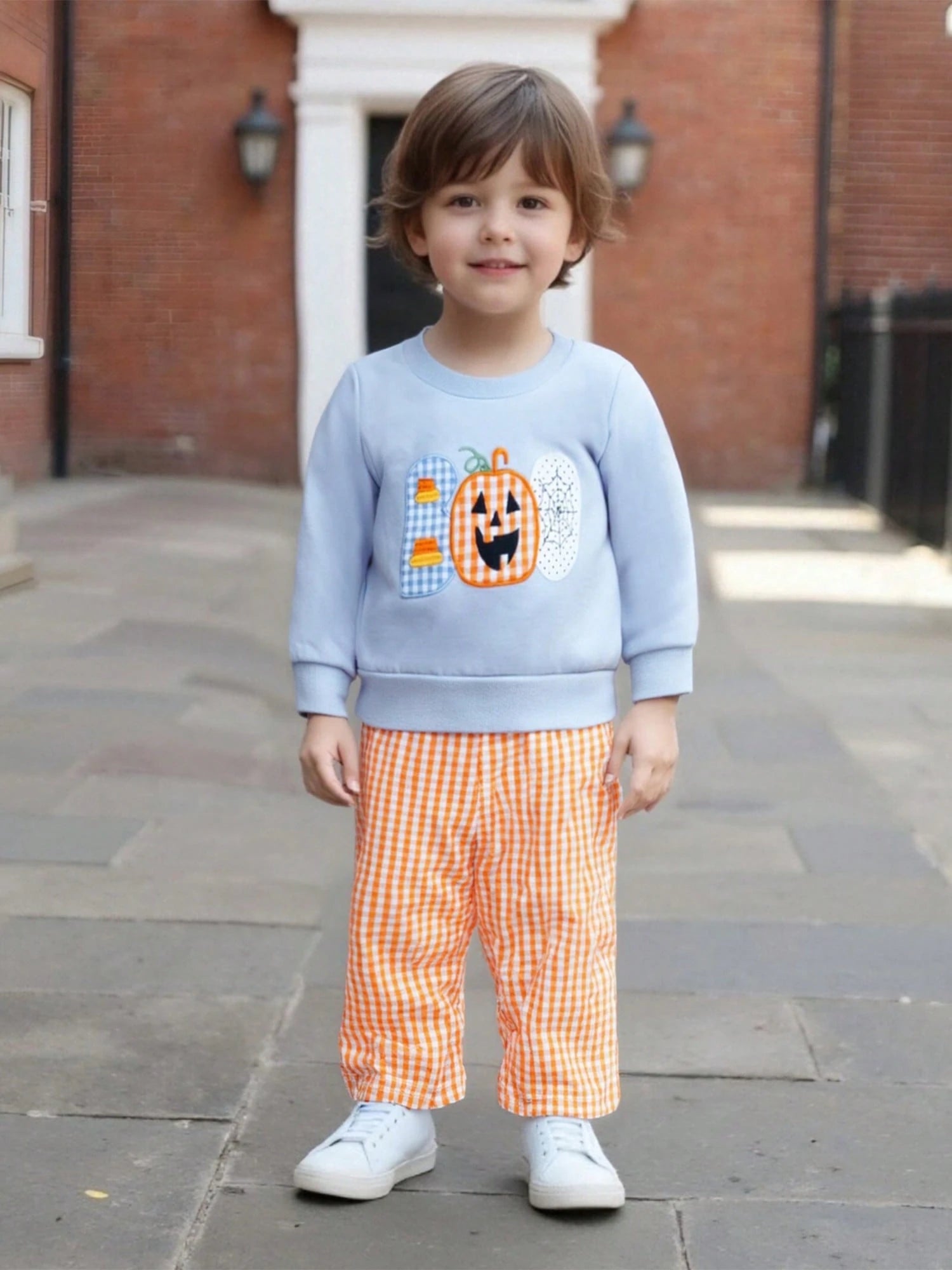 Toddler Baby Boy Halloween Outfit Pumpkin Spider Web Embroidery Long Sleeve Sweatshirt Plaid Sweatpants Set Infant Fall Clothes