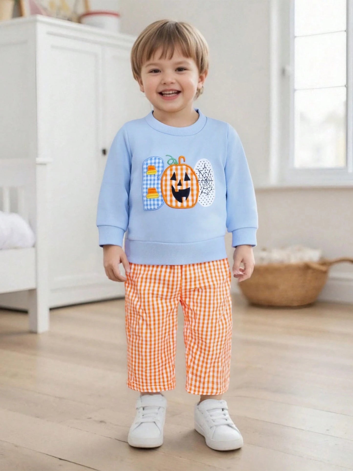 Toddler Baby Boy Halloween Outfit Pumpkin Spider Web Embroidery Long Sleeve Sweatshirt Plaid Sweatpants Set Infant Fall Clothes