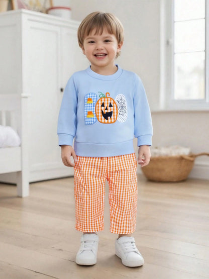 Toddler Baby Boy Halloween Outfit Pumpkin Spider Web Embroidery Long Sleeve Sweatshirt Plaid Sweatpants Set Infant Fall Clothes