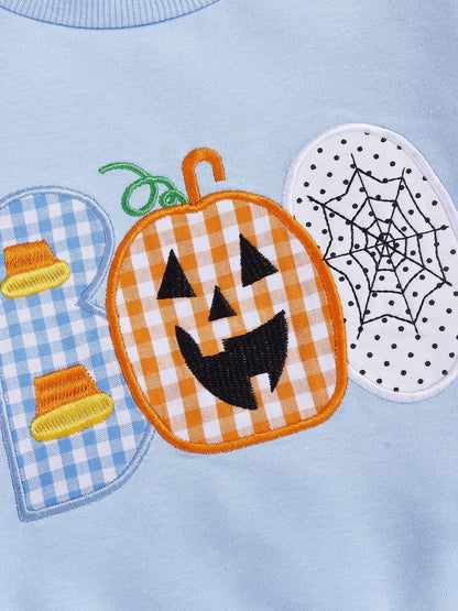 Toddler Baby Boy Halloween Outfit Pumpkin Spider Web Embroidery Long Sleeve Sweatshirt Plaid Sweatpants Set Infant Fall Clothes