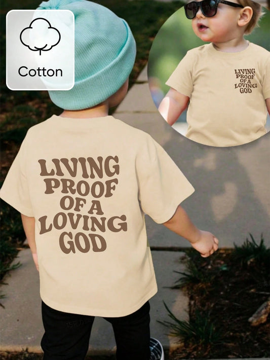 Toddler Boys' Retro Cotton Wavy Transforming Letter Print Round Neck Short Sleeve Khaki Casual T-Shirt, Suitable For Summer Outings