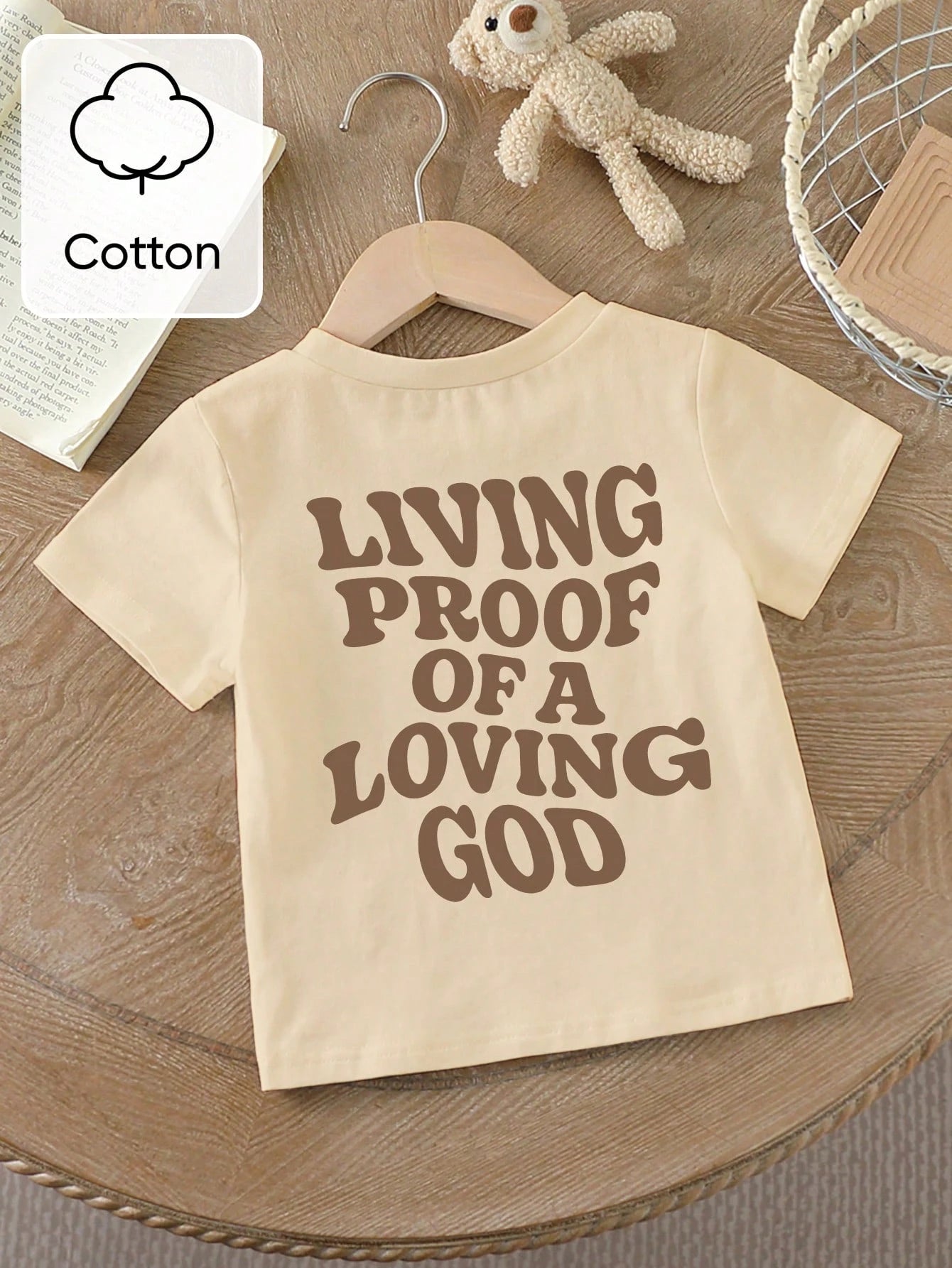 Toddler Boys' Retro Cotton Wavy Transforming Letter Print Round Neck Short Sleeve Khaki Casual T-Shirt, Suitable For Summer Outings