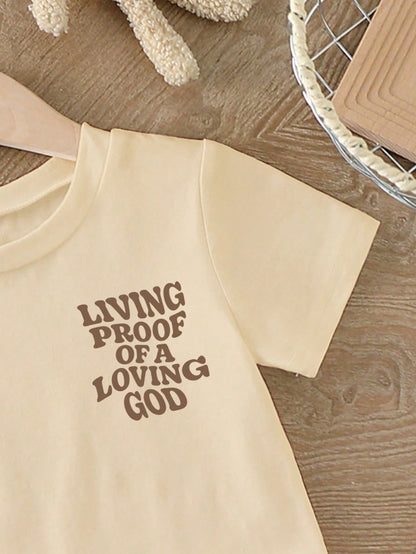 Toddler Boys' Retro Cotton Wavy Transforming Letter Print Round Neck Short Sleeve Khaki Casual T-Shirt, Suitable For Summer Outings