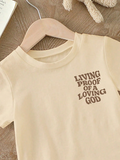 Toddler Boys' Retro Cotton Wavy Transforming Letter Print Round Neck Short Sleeve Khaki Casual T-Shirt, Suitable For Summer Outings