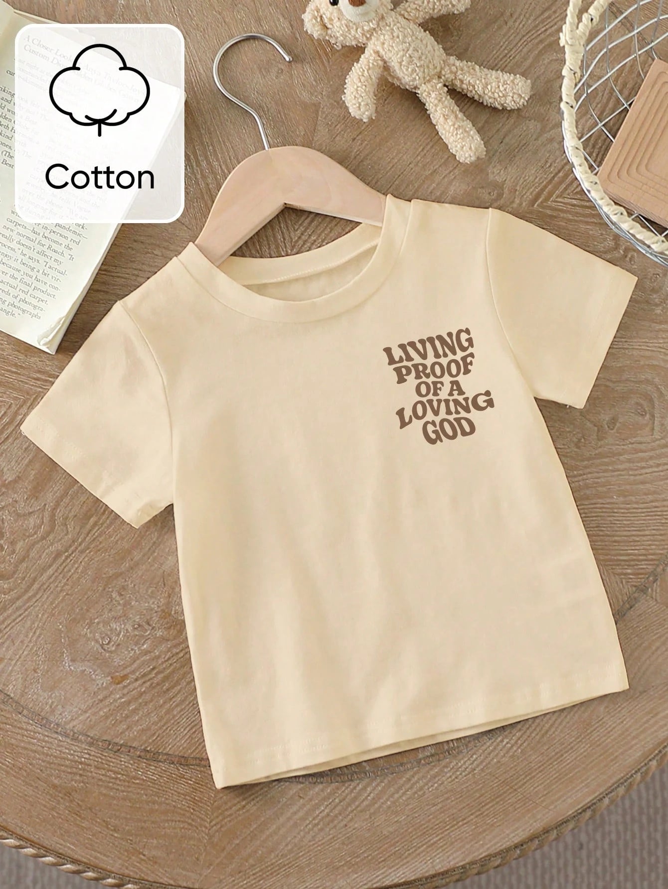 Toddler Boys' Retro Cotton Wavy Transforming Letter Print Round Neck Short Sleeve Khaki Casual T-Shirt, Suitable For Summer Outings
