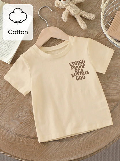 Toddler Boys' Retro Cotton Wavy Transforming Letter Print Round Neck Short Sleeve Khaki Casual T-Shirt, Suitable For Summer Outings