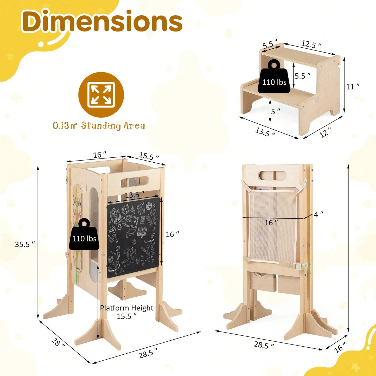 Toddler Kitchen Step Stool W/Chalkboard Detachable Safety Net Montessori Games