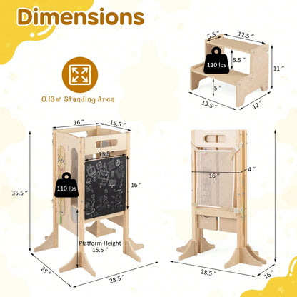 Toddler Kitchen Step Stool W/Chalkboard Detachable Safety Net Montessori Games