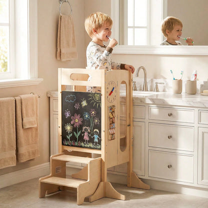 Toddler Kitchen Step Stool W/Chalkboard Detachable Safety Net Montessori Games
