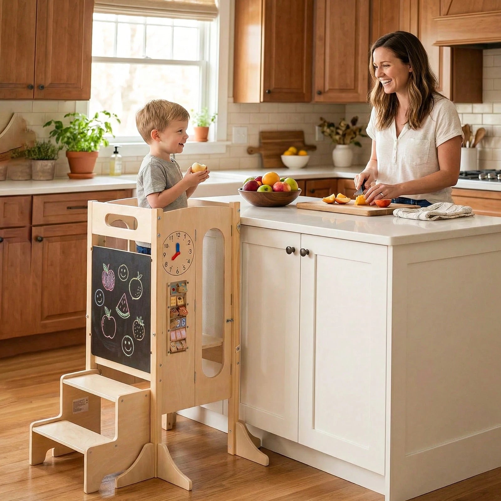 Toddler Kitchen Step Stool W/Chalkboard Detachable Safety Net Montessori Games
