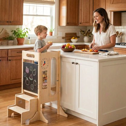 Toddler Kitchen Step Stool W/Chalkboard Detachable Safety Net Montessori Games