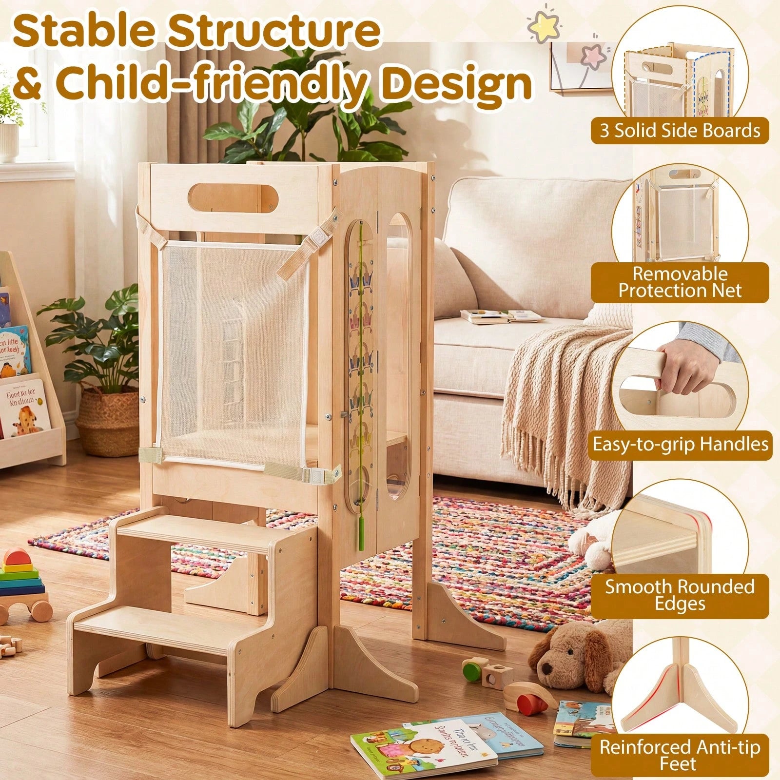 Toddler Kitchen Step Stool W/Chalkboard Detachable Safety Net Montessori Games
