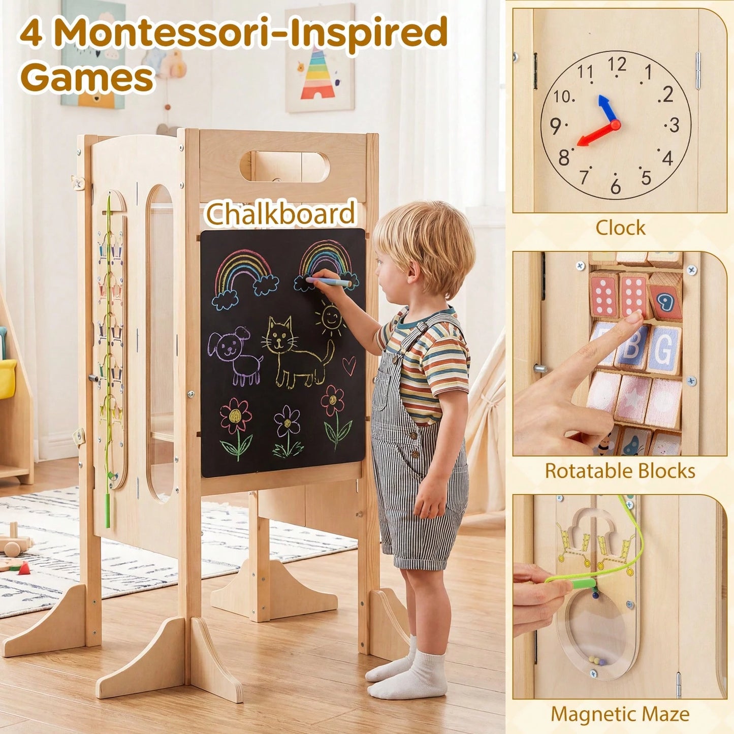 Toddler Kitchen Step Stool W/Chalkboard Detachable Safety Net Montessori Games
