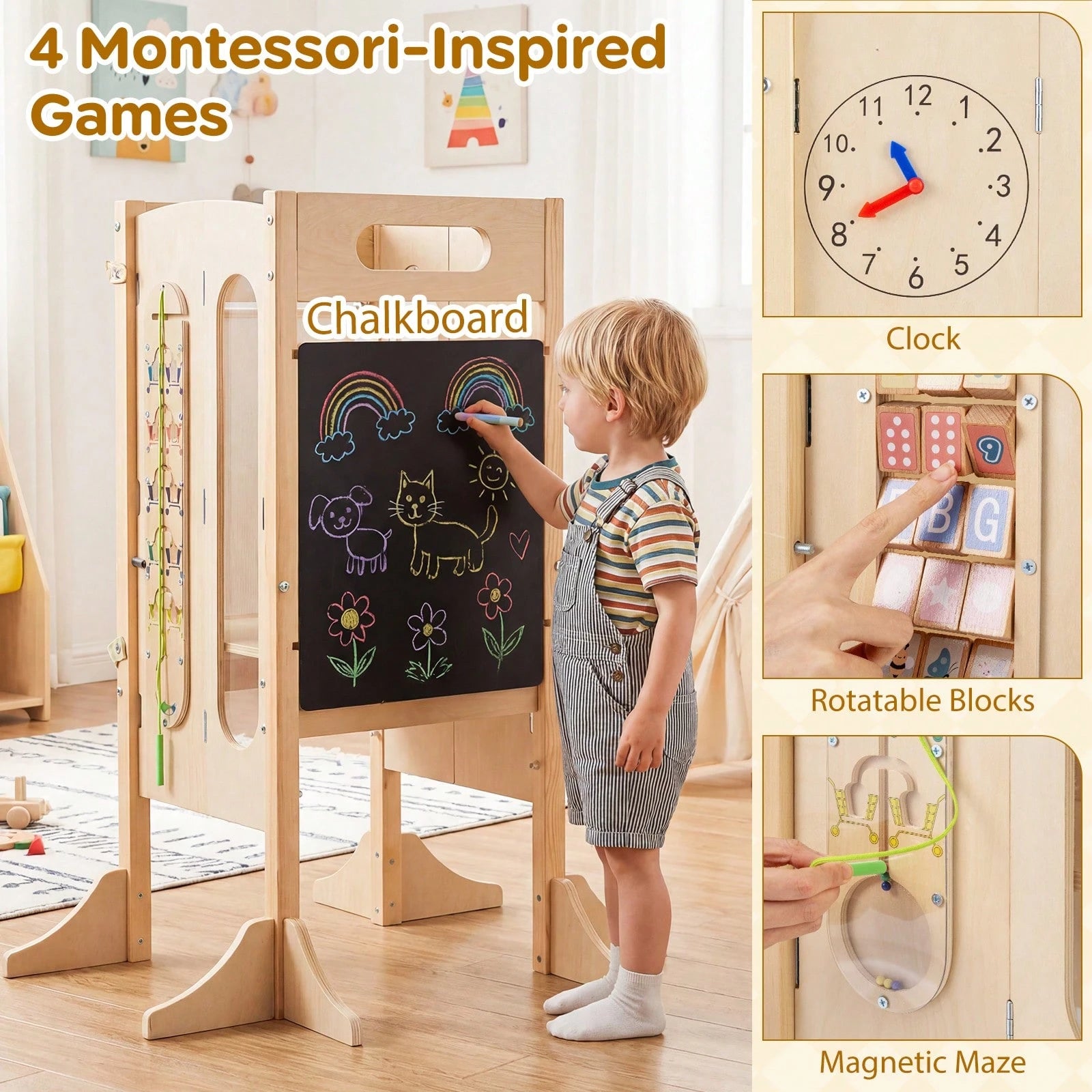 Toddler Kitchen Step Stool W/Chalkboard Detachable Safety Net Montessori Games