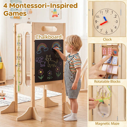 Toddler Kitchen Step Stool W/Chalkboard Detachable Safety Net Montessori Games