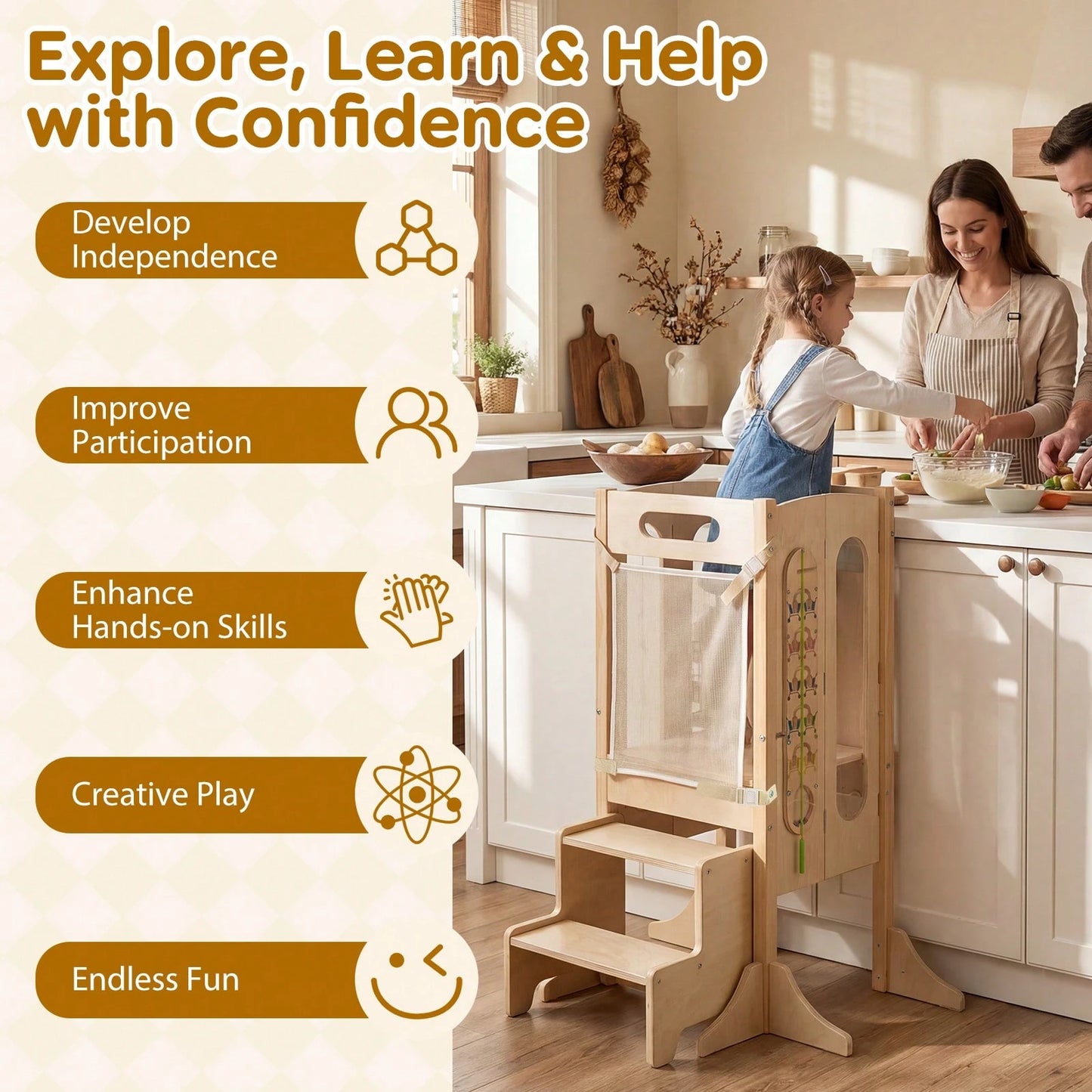 Toddler Kitchen Step Stool W/Chalkboard Detachable Safety Net Montessori Games