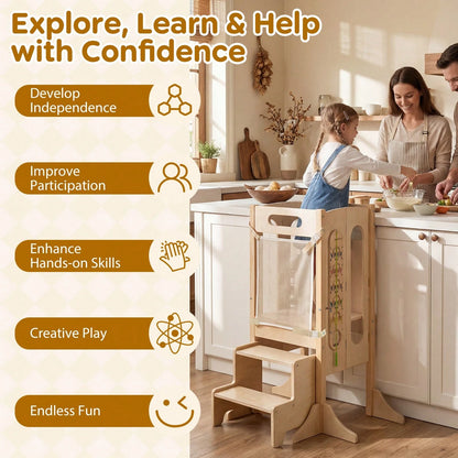 Toddler Kitchen Step Stool W/Chalkboard Detachable Safety Net Montessori Games