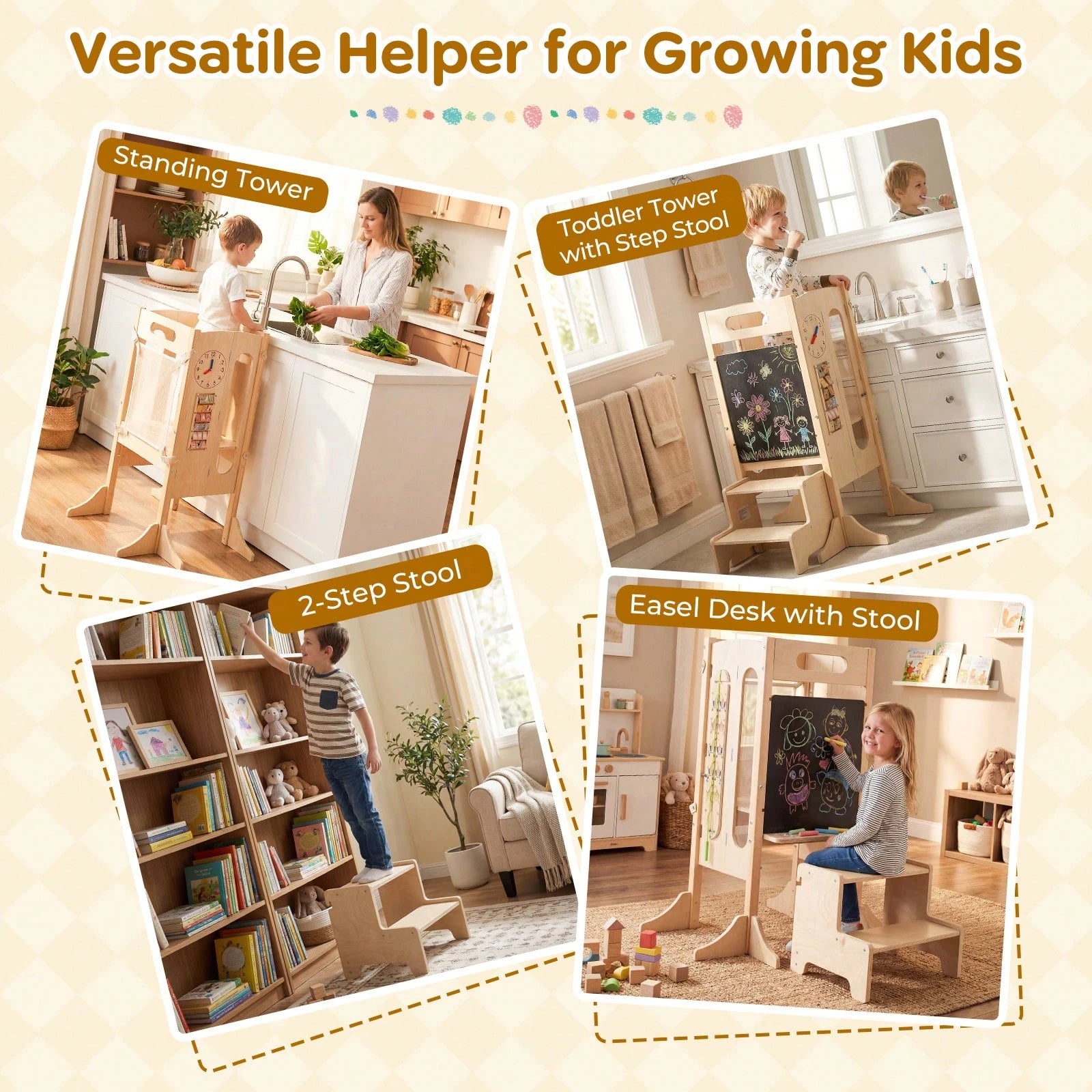 Toddler Kitchen Step Stool W/Chalkboard Detachable Safety Net Montessori Games