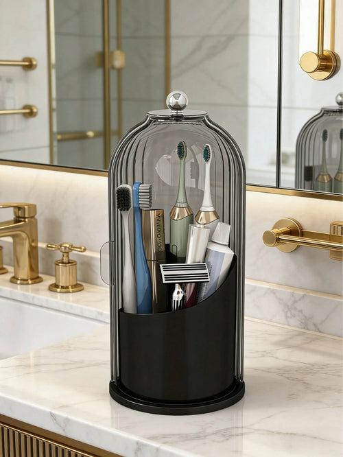 Toothbrush Holders With Sliding Lid, Rotating 3 Slots Bathroom Organizer Countertop, Tooth Brush Toothpaste Holder Bathroom Counter Stand Sink Organizer Caddy For Vanity Makeup Brushes Holder