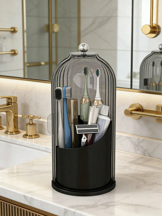 Toothbrush Holders With Sliding Lid, Rotating 3 Slots Bathroom Organizer Countertop, Tooth Brush Toothpaste Holder Bathroom Counter Stand Sink Organizer Caddy For Vanity Makeup Brushes Holder