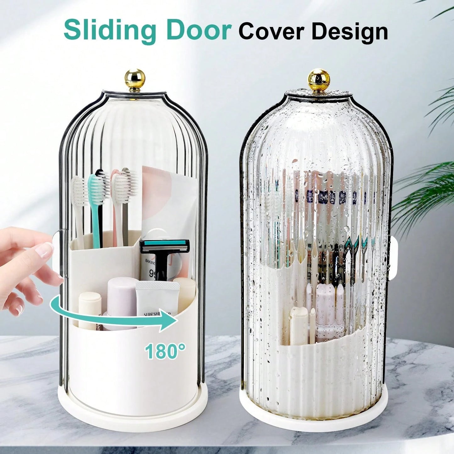 Toothbrush Holders With Sliding Lid, Rotating 3 Slots Bathroom Organizer Countertop, Tooth Brush Toothpaste Holder Bathroom Counter Stand Sink Organizer Caddy For Vanity Makeup Brushes Holder
